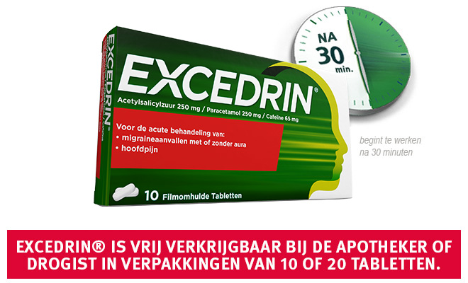 Excedrin verpakking 10 capsules. Excedrin is vrij verkrijgbaar bij de apotheker